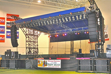 Superstage 32 x 24 stage with to fly a line array sound system from the stage.